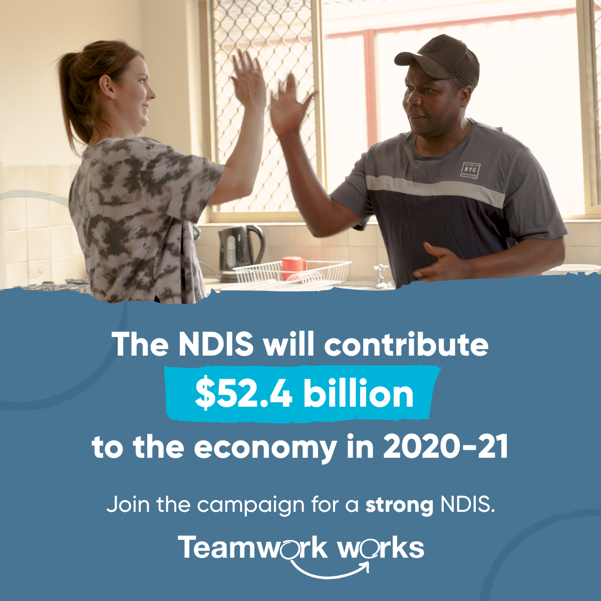 Facebook sharegraphic image with Rogers and his support worker with text: The NDIS will contribute $52.4 billion to the economy in 2020-21. Join the campaign for a strong NDIS.