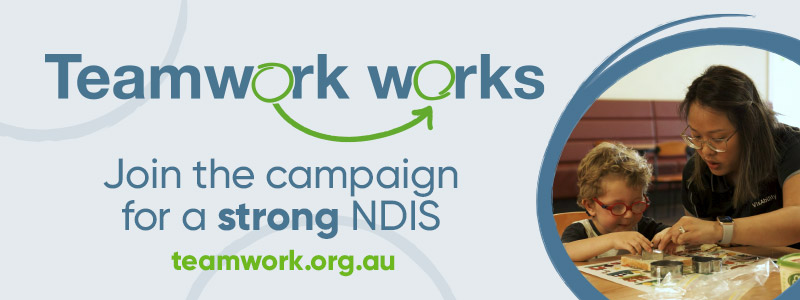 EDM banner: Teamwork works. Join the campaign for a strong NDIS. teamwork.org.au
