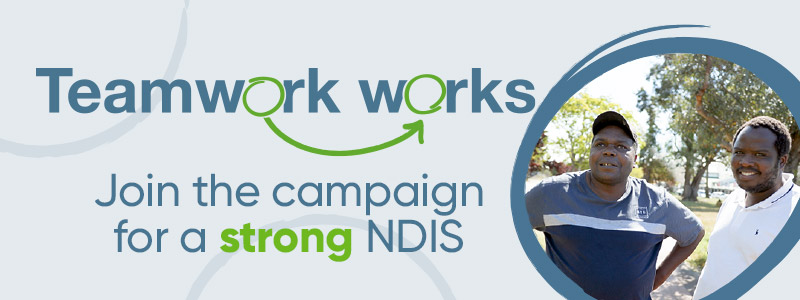 EDM banner with text. Teamwork works. Join the campaign for a strong NDIS.